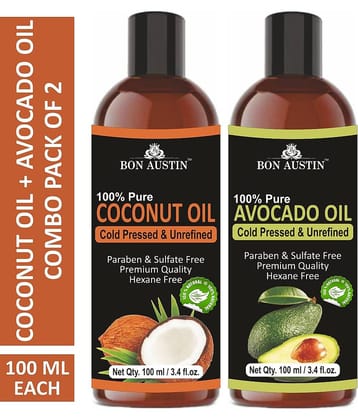 Bon Austin Premium Coconut Oil & Avocado Oil - Cold Pressed & Unrefined Combo pack of 2 bottles of 100 ml(200 ml)