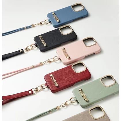 Luxury Leather iPhone Strap Case With Custom Name Initial Single Plain Golden Letter-iPhone 11 / Blue