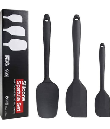 Baskety Black Silicone Large And Small Mixing Spatula With Cooking Spoon Set ( Pack of 3 )