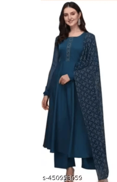Stylish Anarkali kurti with dupatta set in TEAL BLUE color with dupatta print gotta patti style