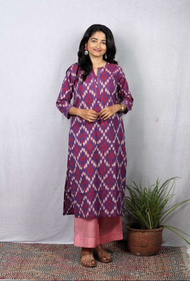 Rivaaj Ethnic Juhi Kurta (M) | Purple Ikkat Handwoven Cotton Straight Fit | Office Wear Ethnic Top | Comfortable Traditional Womens Wear
