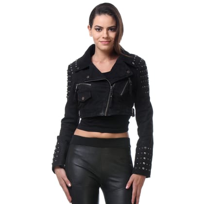 Black Color Classic Biker Jacket In Lamb Sparta Leather For Women By Brune & Bareskin-L