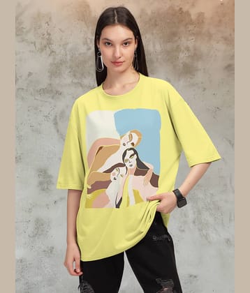 HELLCAT Women Cotton Blend Printed Oversized Fit Round Neck T-Shirt ( Yellow )