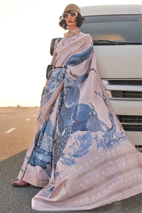 Grey Printed Tussar Silk Saree