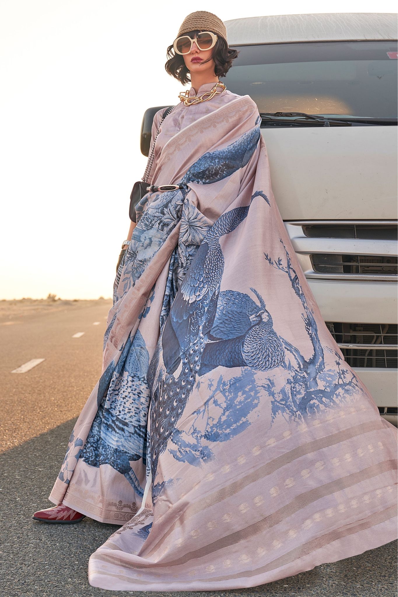 Grey Printed Tussar Silk Saree