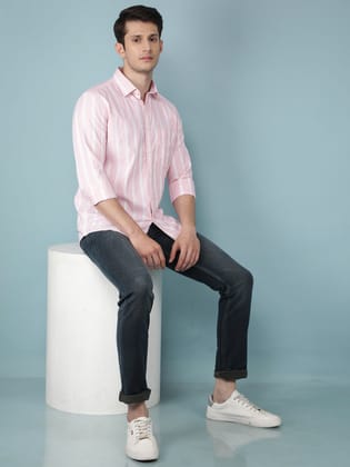 Pink Vertical Stripes 100% Cotton Shirt-M / Pink