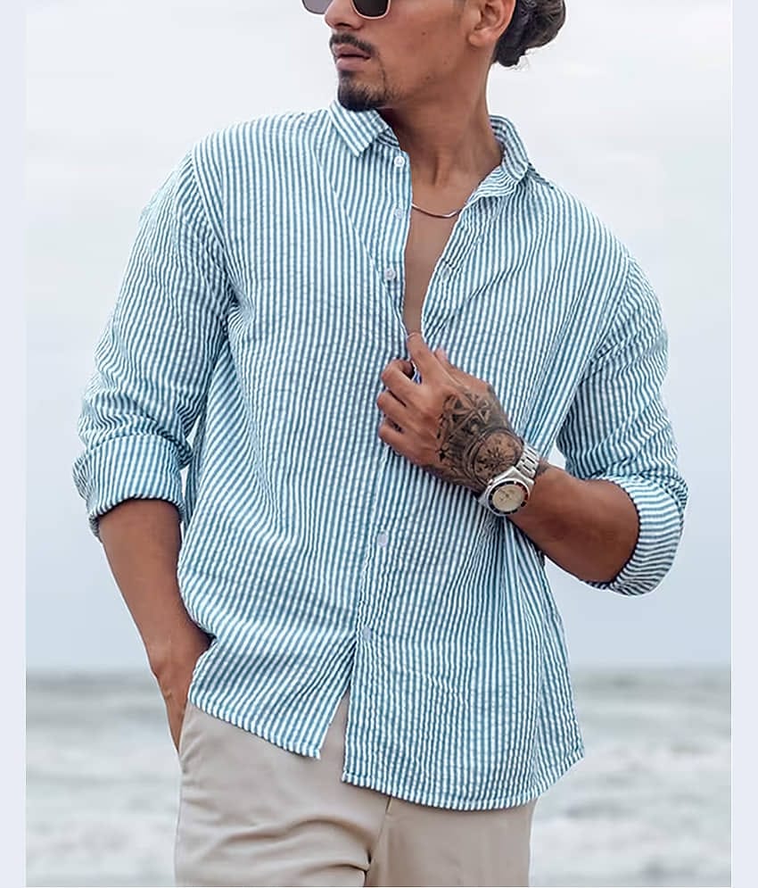 Eyebogler Cotton Blend Regular Fit Striped Full Sleeves Men's Casual Shirt - Blue ( Pack of 1 )