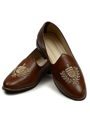 Brown Leather Hand Embroidery Shoes for Men-Brown