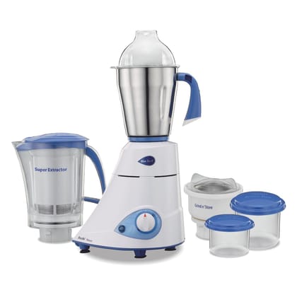 Preethi Platinum Mixer Grinder for Kitchen|110V, 550W, Mixie, 3 Jars | Super Extractor Juicer Jar with 2 Air-Tight Containers, White/Blue(MG-153) - Only use in USA & Canada Preethi Platinum Mixer Grinder for Kitchen|110V, 550W, Mixie, 3 Jars | Super Extr