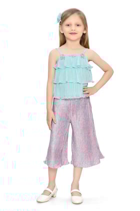 Be:Kids Green Tropical Bliss Layered Ruffle Top and Palazzo Pants Set