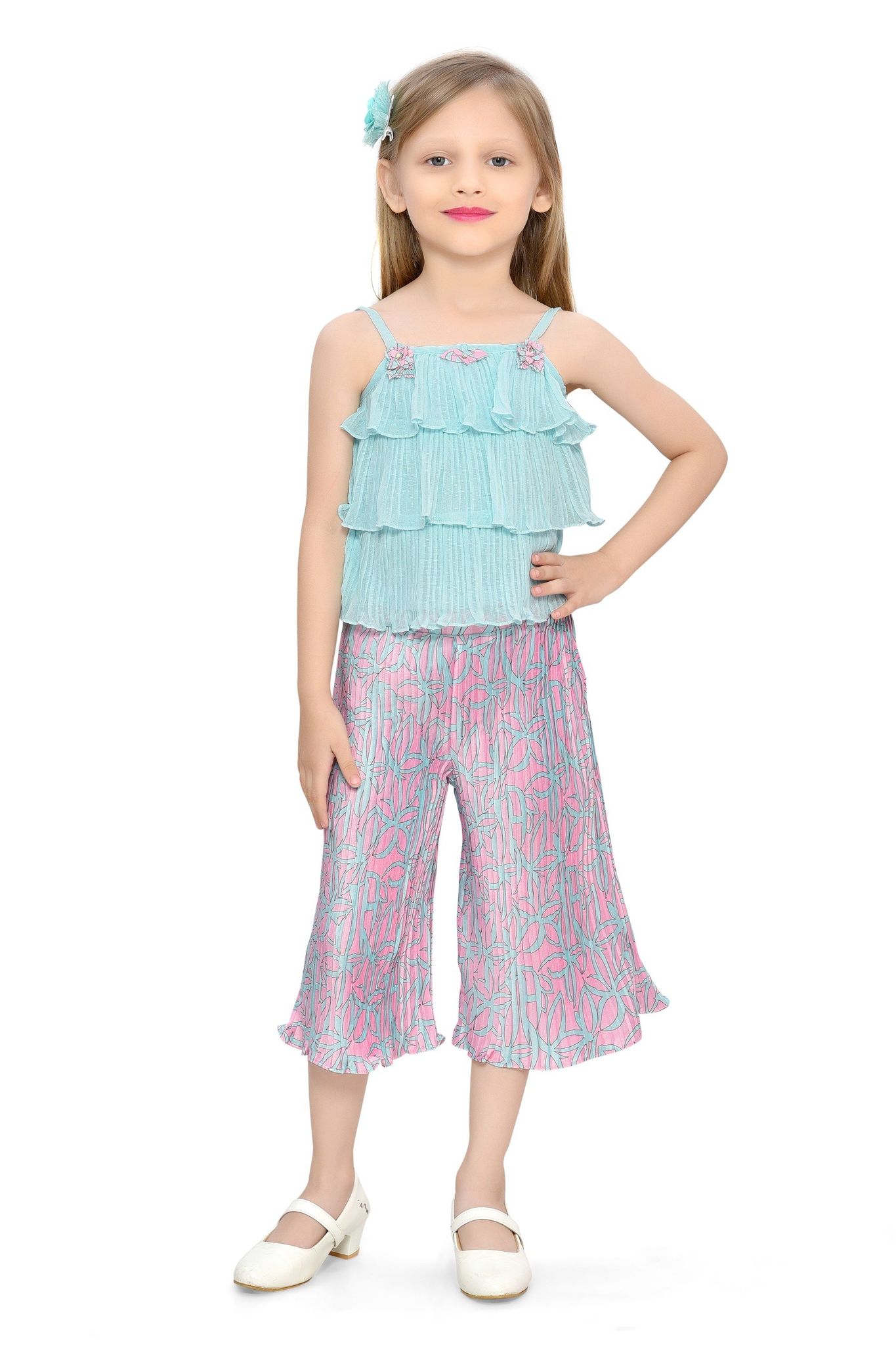 Be:Kids Green Tropical Bliss Layered Ruffle Top and Palazzo Pants Set