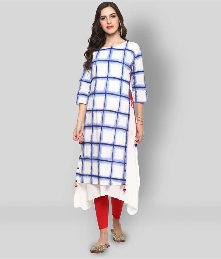 Yash Gallery Pack of 1 Cotton Checks Asymmetrical Women's Kurti - ( White )