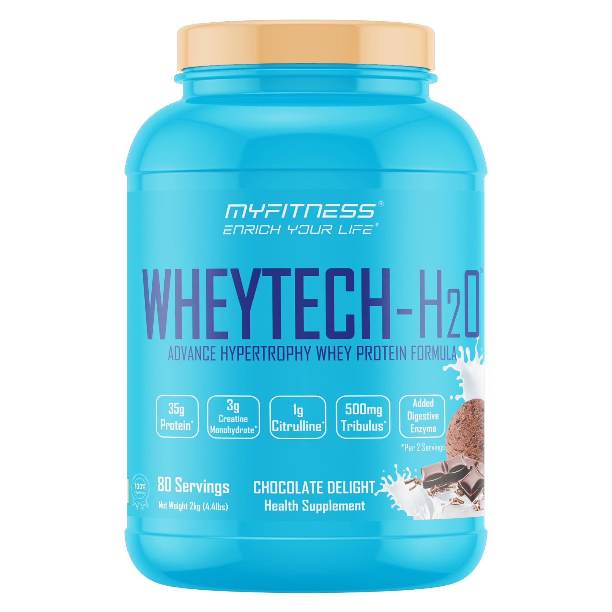 Myfitness Wheytech H2O | 35g Protein Per Serving | 3g Creatine Monohydrate | 1000mg Citrulline | 500mg Tribulus | Added Digestive Enzymes | 2kg | 80 servings
