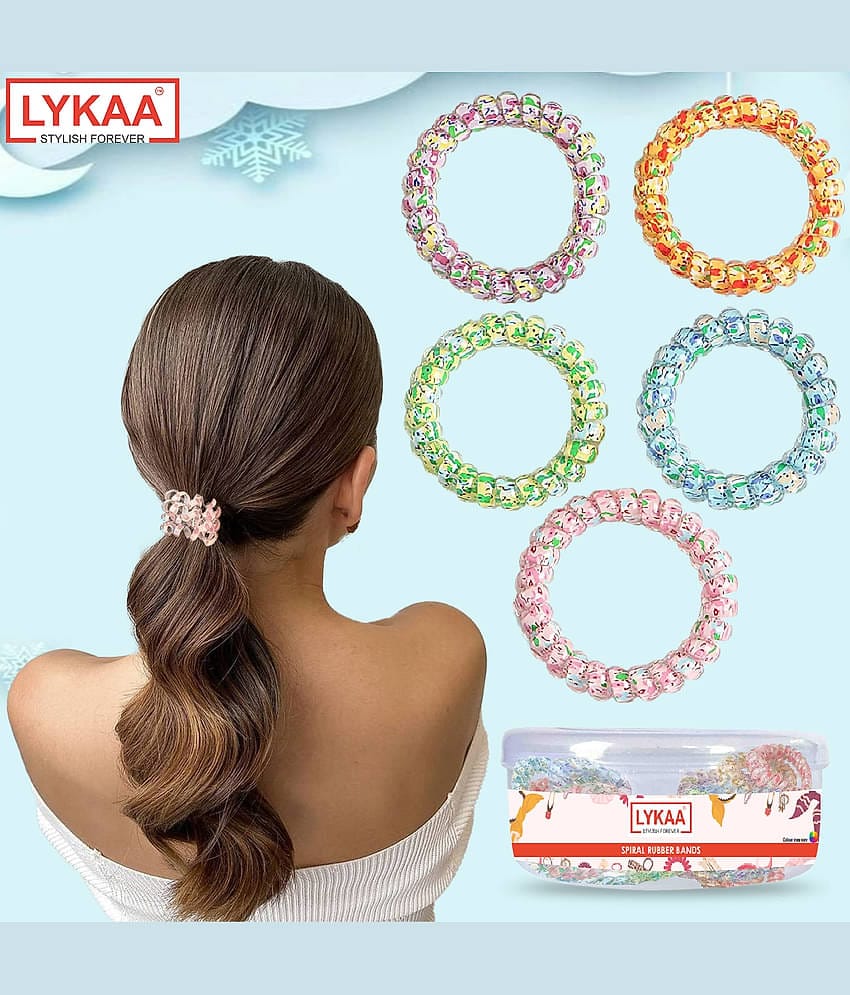 Lykaa Spiral Hair Ties For Thick Hair, Hair Coils Waterproof Ponytail Holders - 5 Pcs (Multicolor)