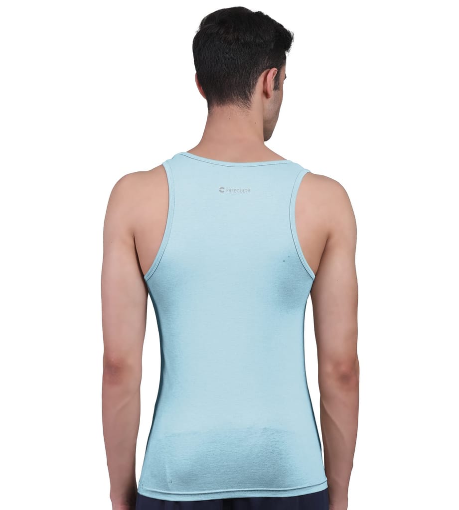Freecultr Vest for Men | Bamboo Sleeveless, Super Soft Round Neck Gym Comfort Vest | Workout Regular Fit Innerwear | Breathable Sando with Long Hemline Pack of 1-Chalk Blue