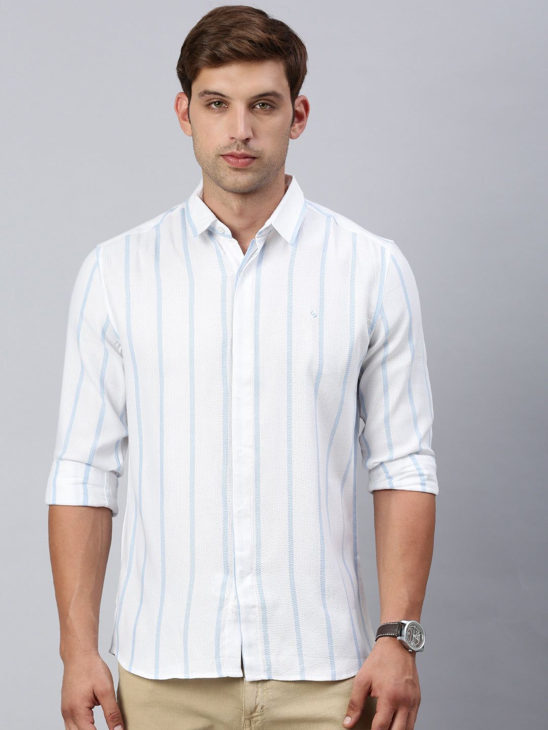 Classic Polo Men's Full Sleeve White/Lt.Blue Slim Fit Striped Casual Shirt | SP2-EL-01 B-FS-STR-SF