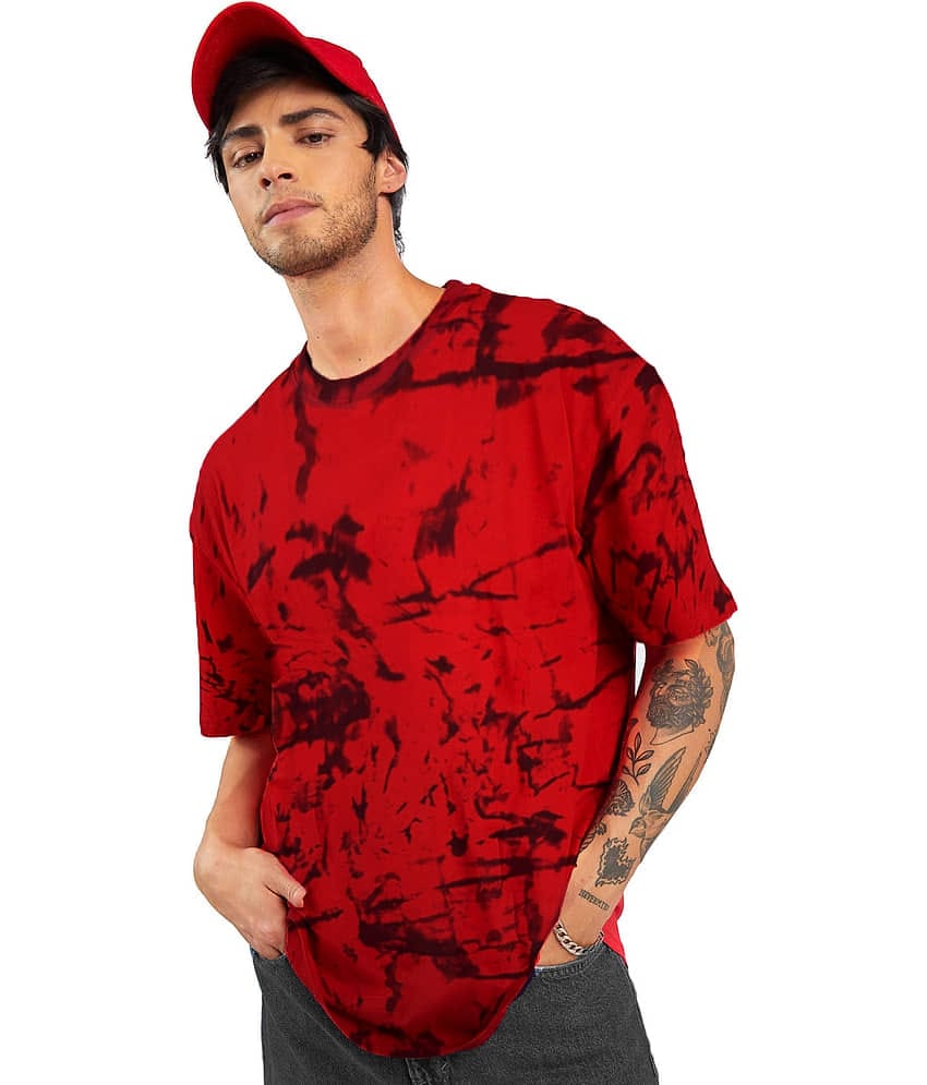 Leotude Men Cotton Blend Oversized Fit Dyed T-Shirt ( Red )