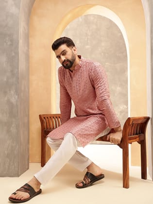 Men's Cotton Rayon Shiny Thread Sequinned Coral Kurta With White Pyjama-36