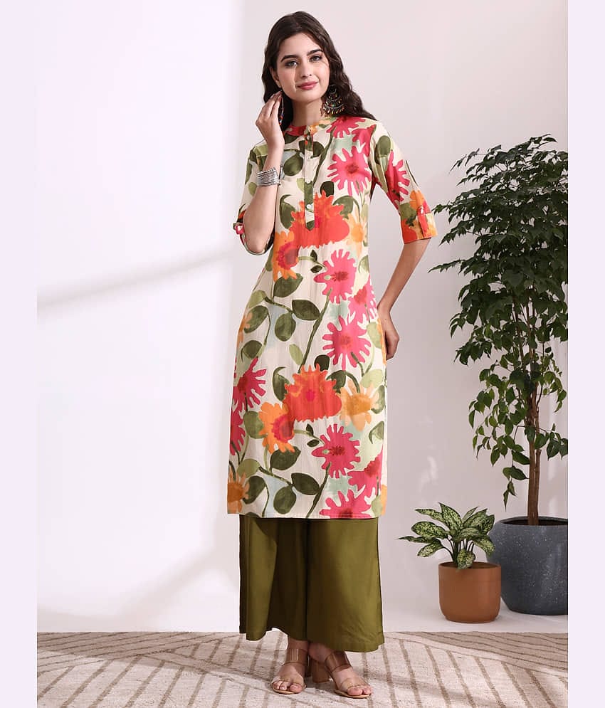 Divena Women Viscose Rayon Printed Straight Kurti ( Cream )