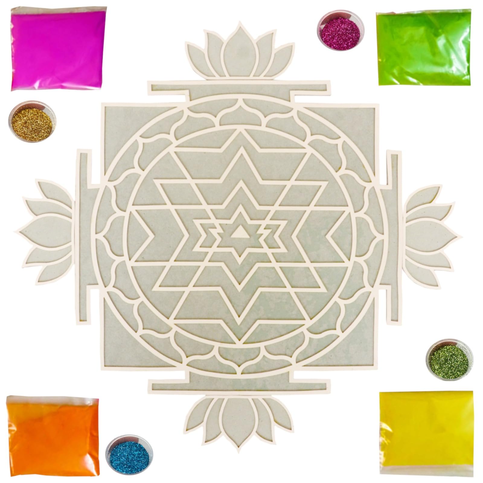 The Brown Box - Island Rangoli: Shree Yantra Lotus Design Template, Easy & Quick Rangoli Stencils, Diwali Decor