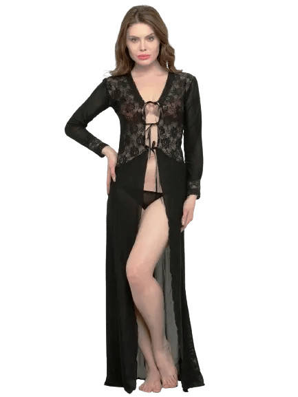 Women Deep Neck Black Lace Bridal Nightwear with G-String/Black Lace Long Gown for Women – Sexy Sheer Nightwear | Premium Lingerie