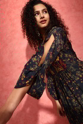 Indigo blue tunic dress with machine embroidery on yoke-M