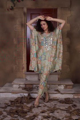 Pistachio green digital print kaftan style kurta with mirror work and straight pants-M