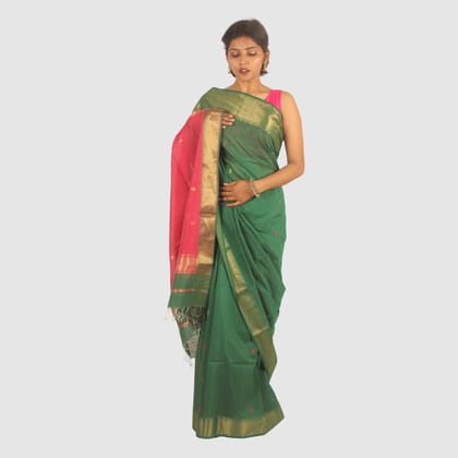 Emerald Green Maheshwari Silk Cotton Saree with Gold Zari and Pink Border