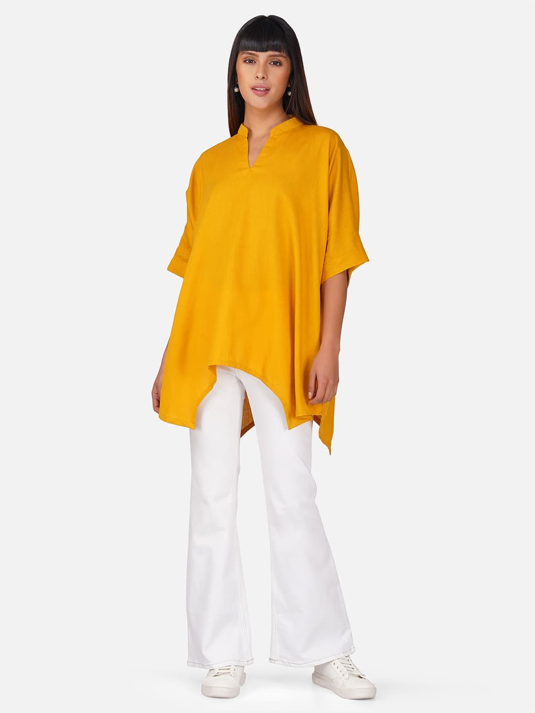 Solid Yellow V-Neck Cotton Slub Kaftan Top-S