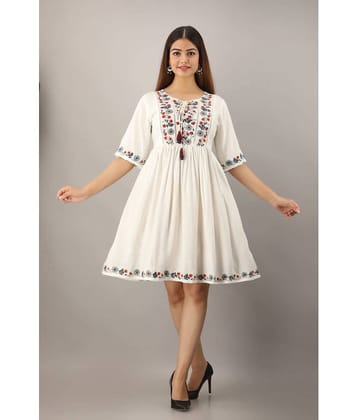 ASHISH PRINT Women Rayon Printed A-line Dress ( White )