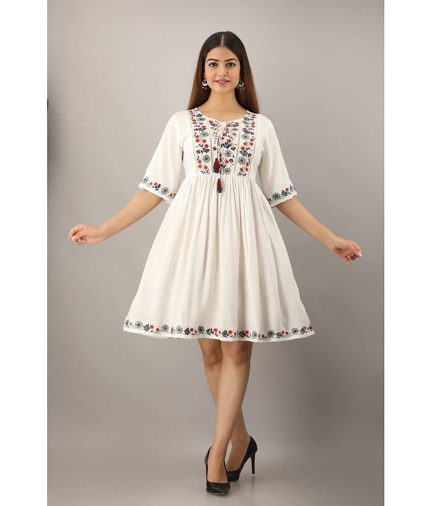 ASHISH PRINT Women Rayon Printed A-line Dress ( White )