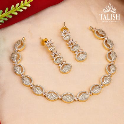 Gold-Plated Oval Design Necklace Set with American Diamond Stones