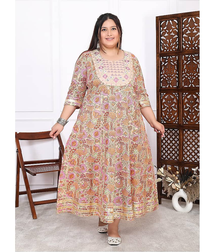 Label Flavia Women Cotton Printed Anarkali Kurti ( Peach )
