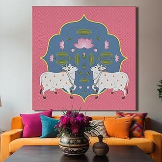fabsouk Large Wall Painting for Living Room Decor Big Canvas Art Indian Ethnic Traditional Wall Art Large Size For Living Room, Bedroom, Office decor & Gifting (Cow Calf Lotus, 18x18, Framed)