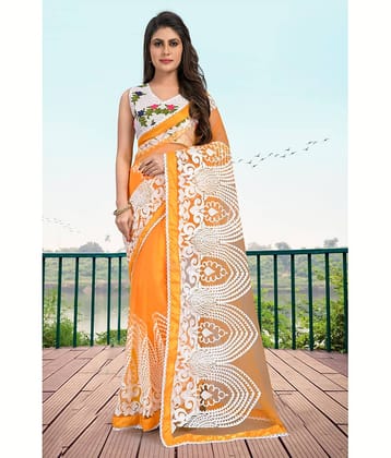 Gazal Fashions Net Embroidered Saree With Unstitched Blouse Piece ( Yellow )