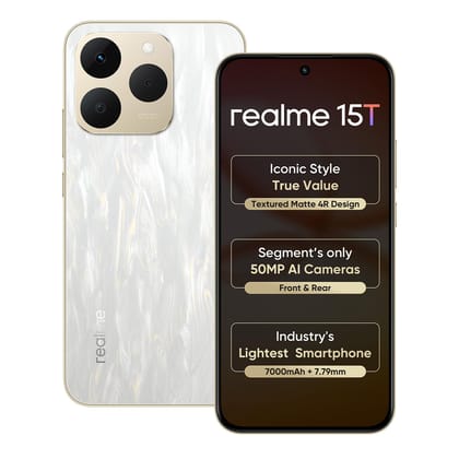 realme 15T 5G Smartphone 8+256GB Silver,6.67inch Screen, 120Hz Display,7000mAh Battery,60W Fast Charge,Front & Rear Dual 50MP Cameras, Dimensity 6400 Max 5G Chipset,IP69 realme 15T 5G Smartphone 8+256GB Silver,6.67inch Screen, 120Hz Display,7000mAh Batte