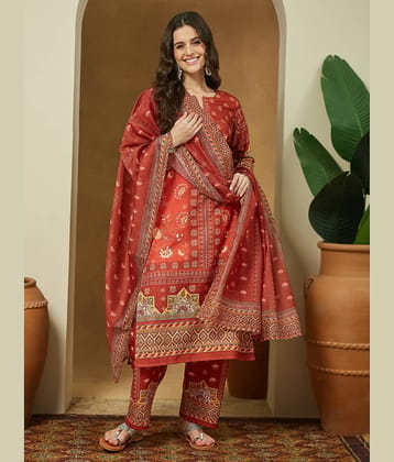 Janasya Women Cotton Blend Printed Straight Kurti With Pants ( Rust )