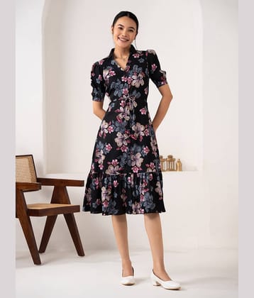 aask Women Crepe Printed Fit & Flare Dress ( Black )