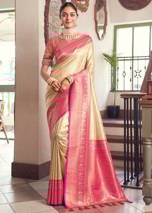 Beige And Pink Woven Kanjivaram Silk Saree