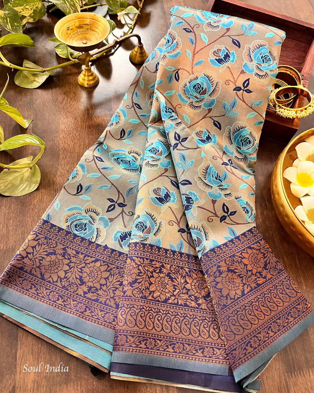 Contemporary Banarasi South Silk With Woven Floral Motifs - Blue