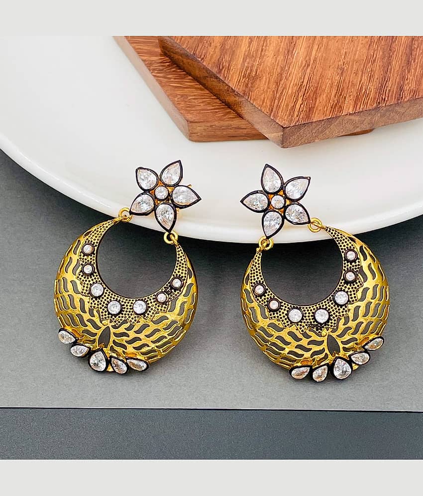 The Jewelbox Filigree Flower Chaand Bali Kundan Polki American Diamond CZ Gold Plated Earring for Women
