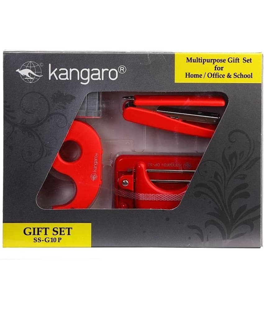 Kangaro Multipurpose Gift Set for Home, Office and School Use (SS-G10P) Set of 4 | 1 Stapler HS-G10 | 1 Paper Punch Perfo-10 | 1 Tape Dispenser TD 18 | 1 Staple Box No. 10 | RED