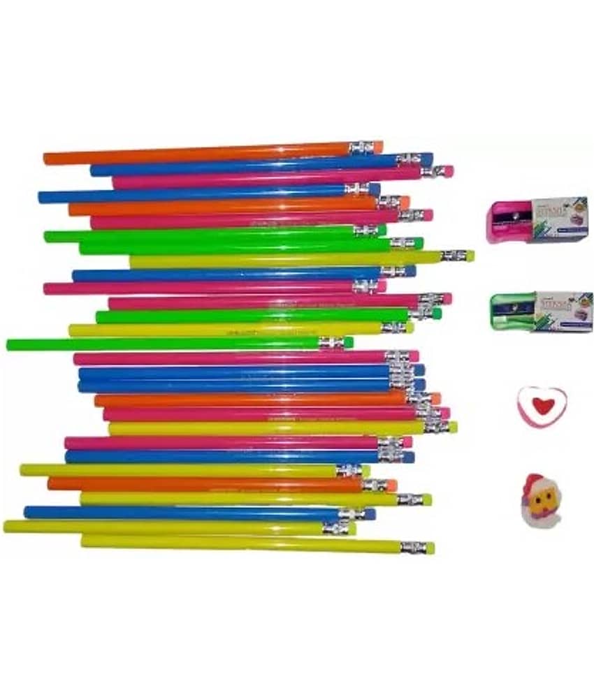 Posshe Pencil HB Pencil pack of 35 with 2 Cartoon Eraser 2 Crystal Sharpener Pencil (Set of 39, Multicolor)