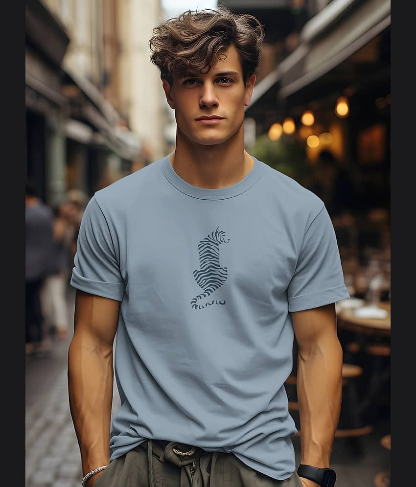 BULLMER MenTrendy Printed Cotton Blend Regular Fit Crew Neck_Round Neck Half Sleeve Tshirt_Bluish Grey