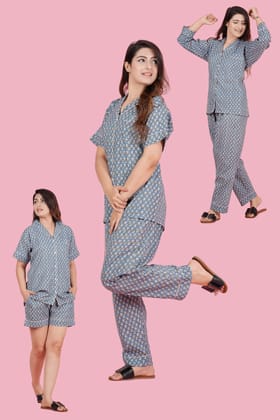 Gorgeous Grey Flower Pattern Print Katha Thread Work Combo Night Wear (Set of 2)-S / Grey / 100% Cotton