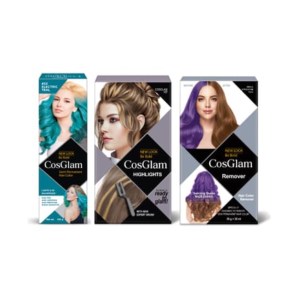COSGLAM Combo Pack, Semi Permanent Hair Color Electric Teal 120g, Hair Highlighter Kit 115g & Hair Color Remover 70ml