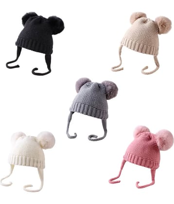 INFISPACE Baby's Super Warm Winter Woolen Skull Beanie Cap with Fur Inside| Double Pompom Baby Hat (Age: 6 Months to 3 Years) MulticolorColor