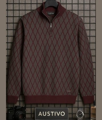 AUSTIVO Cotton Blend High Neck Men's Full Sleeves Cardigan Sweater - Brown ( Pack of 1 )