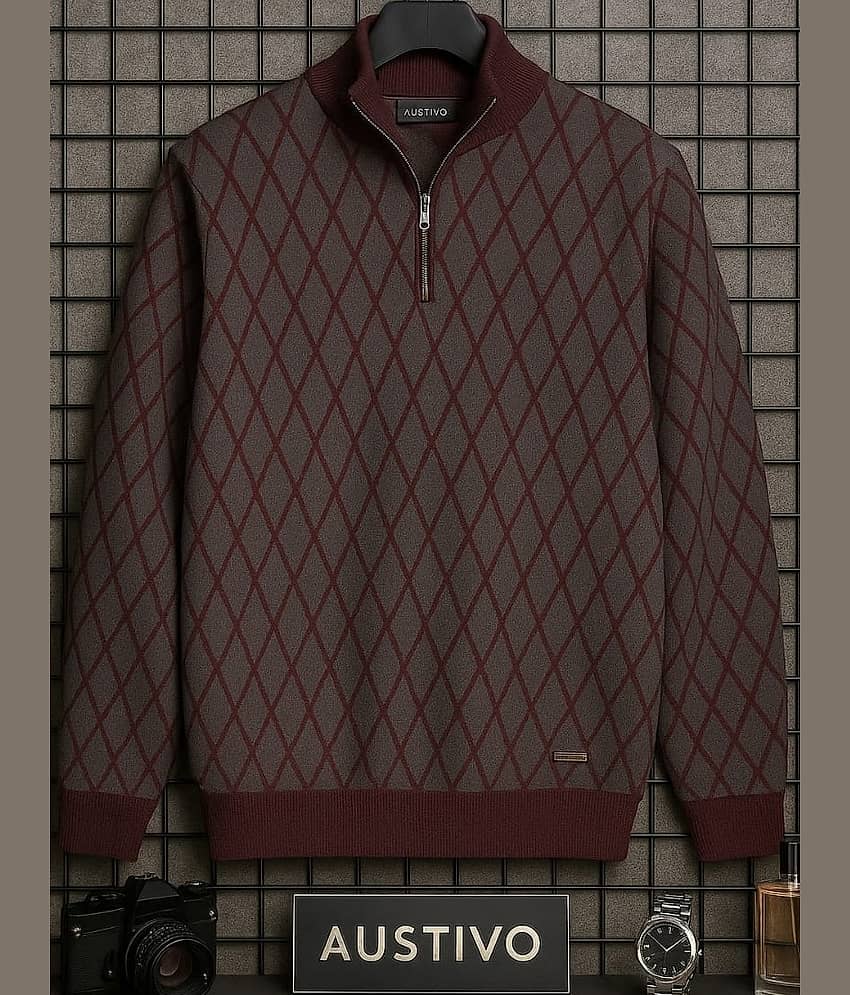 AUSTIVO Cotton Blend High Neck Men's Full Sleeves Cardigan Sweater - Brown ( Pack of 1 )