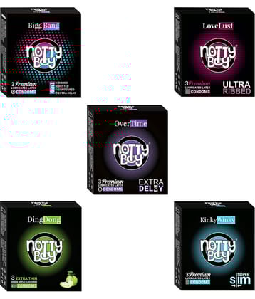 NottyBoy BiggBang 4in1 Dots Ribs Over Time, Ultra Ribbed, Extra Delay Extra Thin, Fruit Flavoured Condoms - (Sets of 5, 15Sheets)